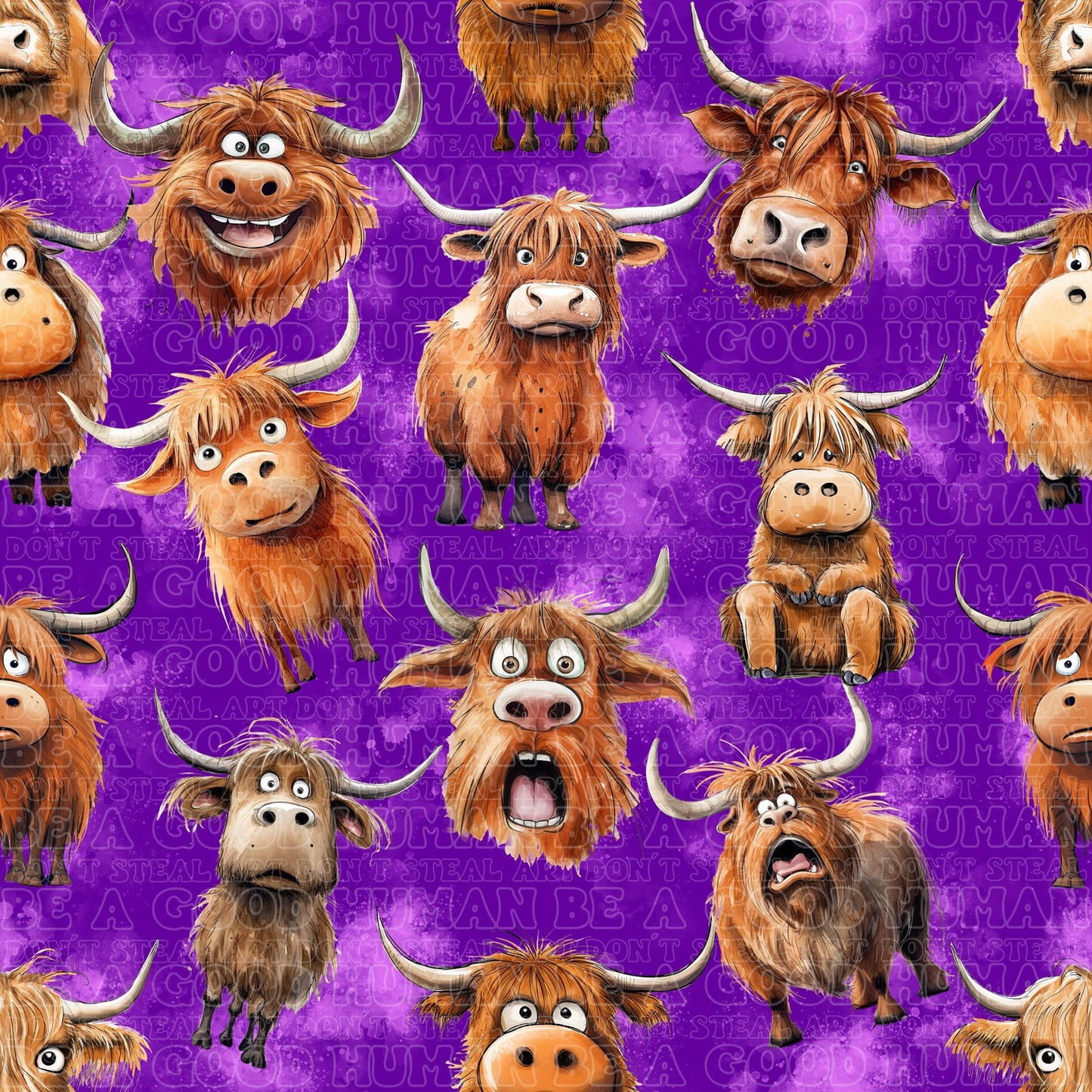 Farm animals highland cows purple