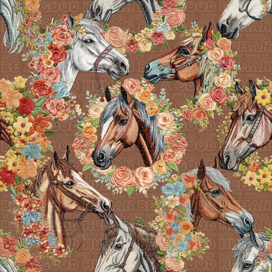 Farm animals horses with flowers